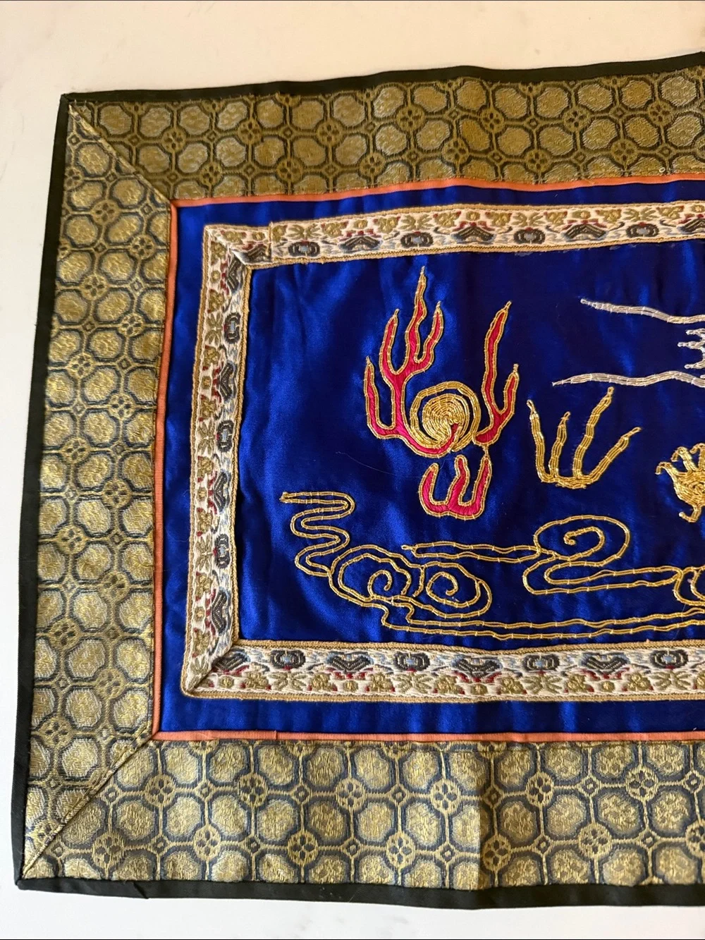 Vintage Embroidered Golden Dragon Table Scarf Handmade